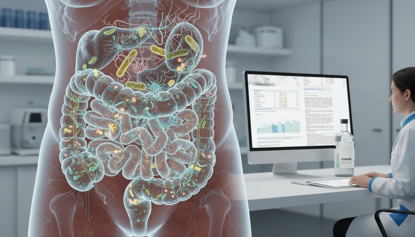 Human gut microbiome artistic cross-section