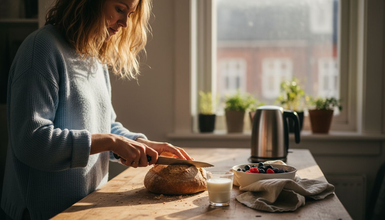 Woman preparing healthy breakfast in sunlit kitchen