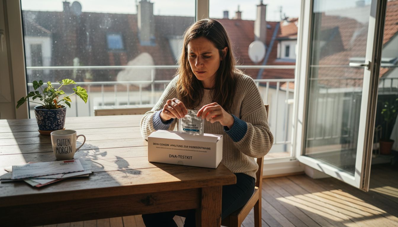 Eine Frau sitzt am Küchentisch und liest aufmerksam die Anleitung für einen DNA-Test.