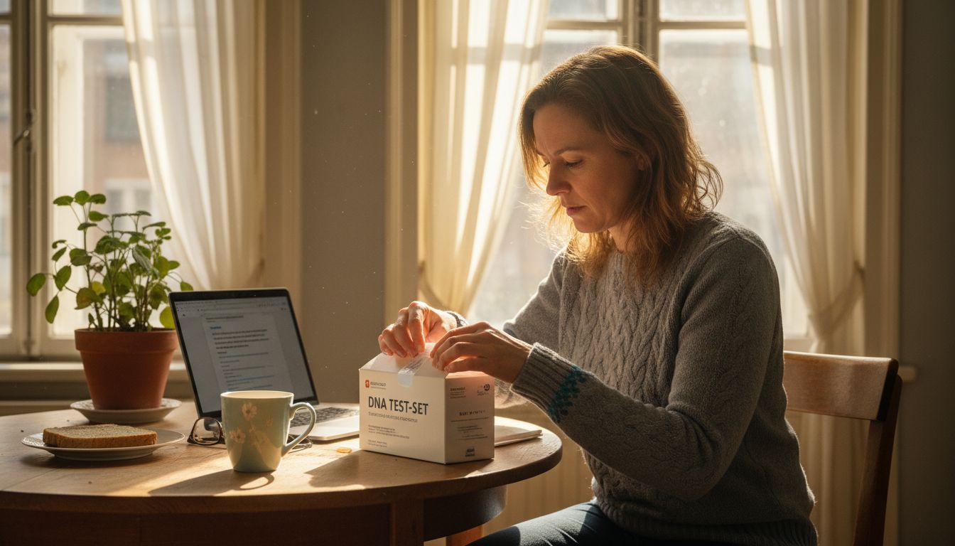 Eine Frau sitzt am Küchentisch und packt gespannt ihr DNA-Testset aus.