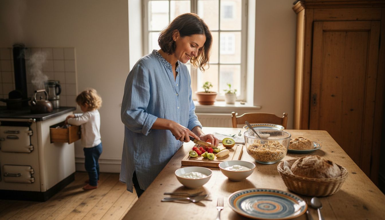 Gemeinsames Familienfrühstück mit gesunden Zutaten in der heimischen Küche genießen