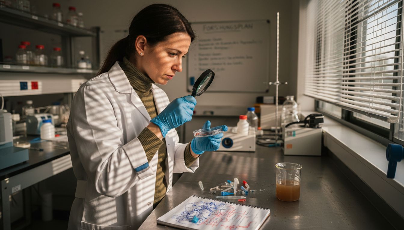 In einem hell erleuchteten Labor untersucht eine Wissenschaftlerin eine Probe ganz genau.