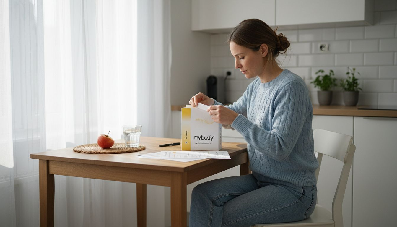 Eine Frau sitzt am Küchentisch und öffnet ein Selbsttest-Set für ihre Gesundheit.