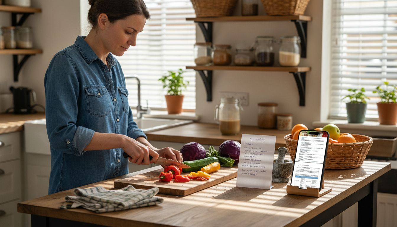 Eine Frau schneidet frisches Gemüse in ihrer gemütlichen Küche.
