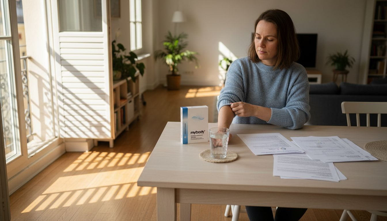 Eine Frau macht am Tisch einen Bluttest, um ihre Mikronährstoffe zu überprüfen.