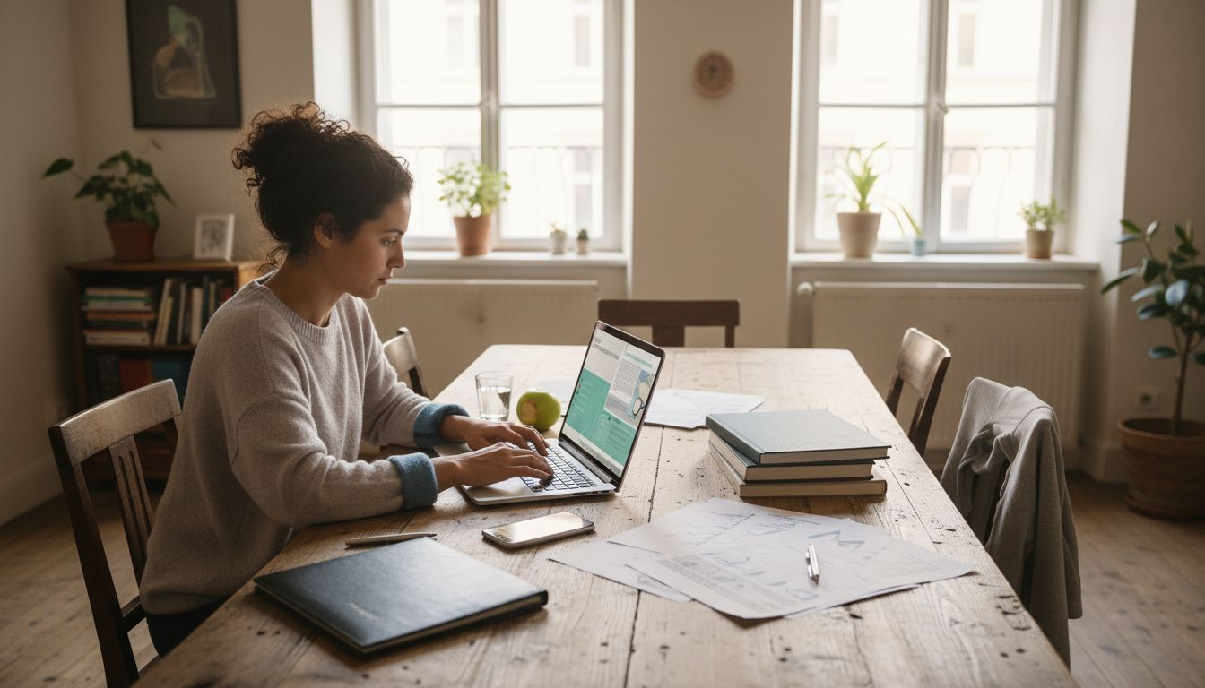 Eine Frau sitzt am Tisch und stellt sich einen individuellen Ernährungsplan zusammen.