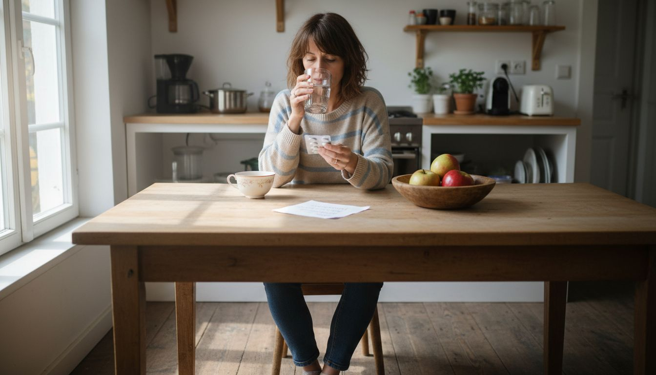 Eine Frau nimmt am Küchentisch ihre Nahrungsergänzungsmittel ein.
