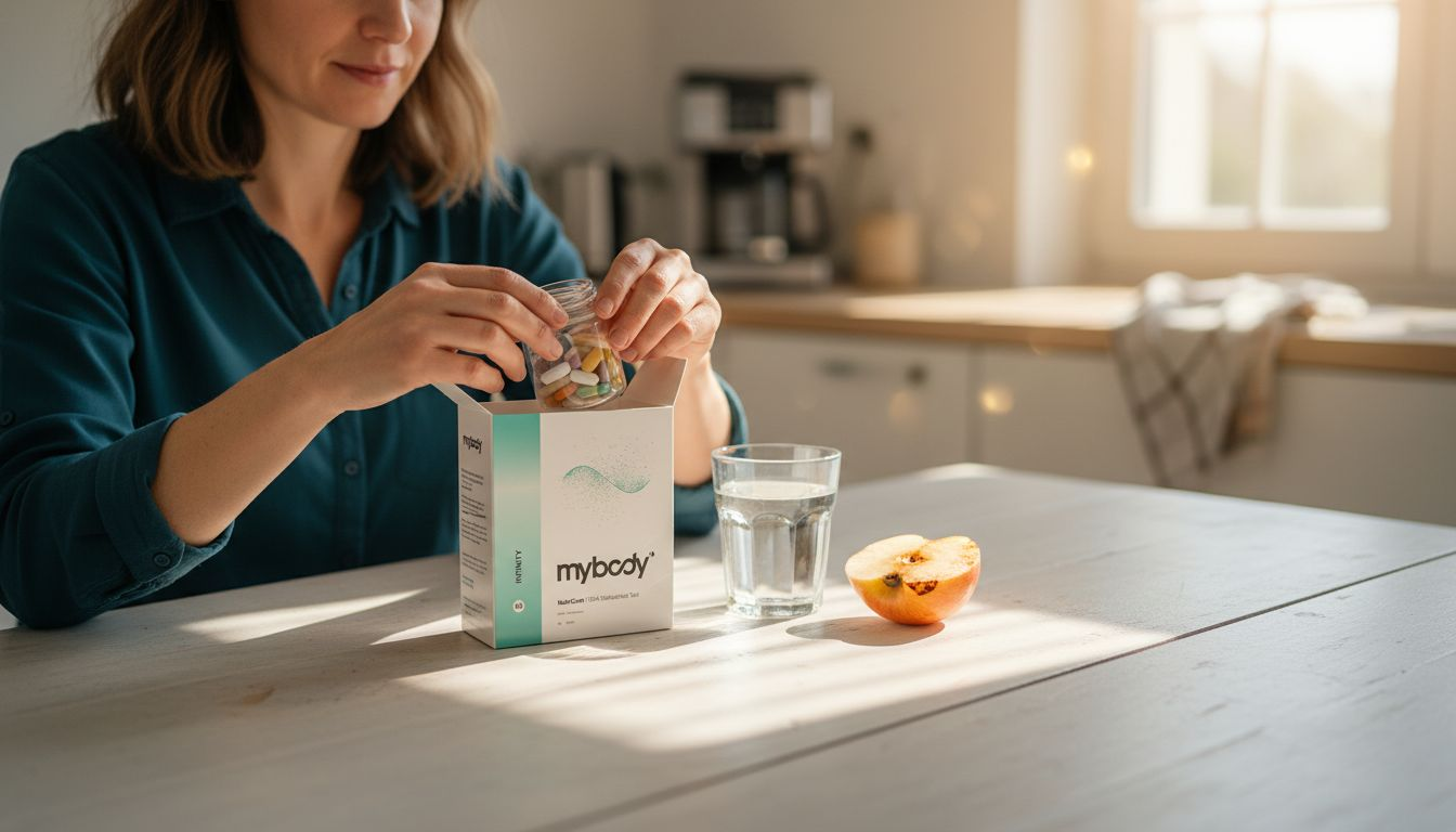 Eine Frau sitzt am Küchentisch und nimmt ihre Vitamintabletten ein.