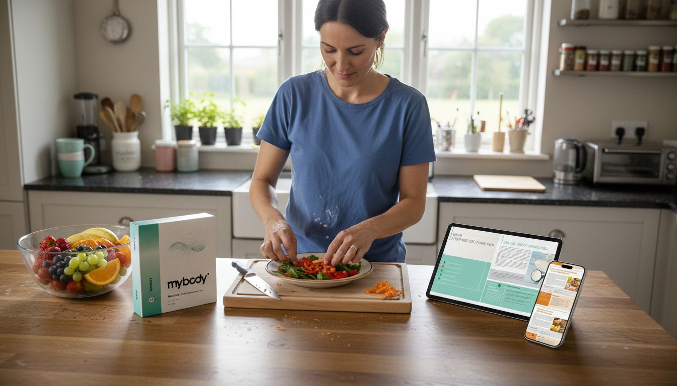 Eine Frau schnippelt frisches Gemüse und zaubert dabei einen bunten, gesunden Salat in ihrer Küche.