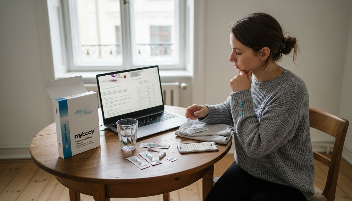 Eine Frau richtet am Tisch ein Set für einen Bluttest her.