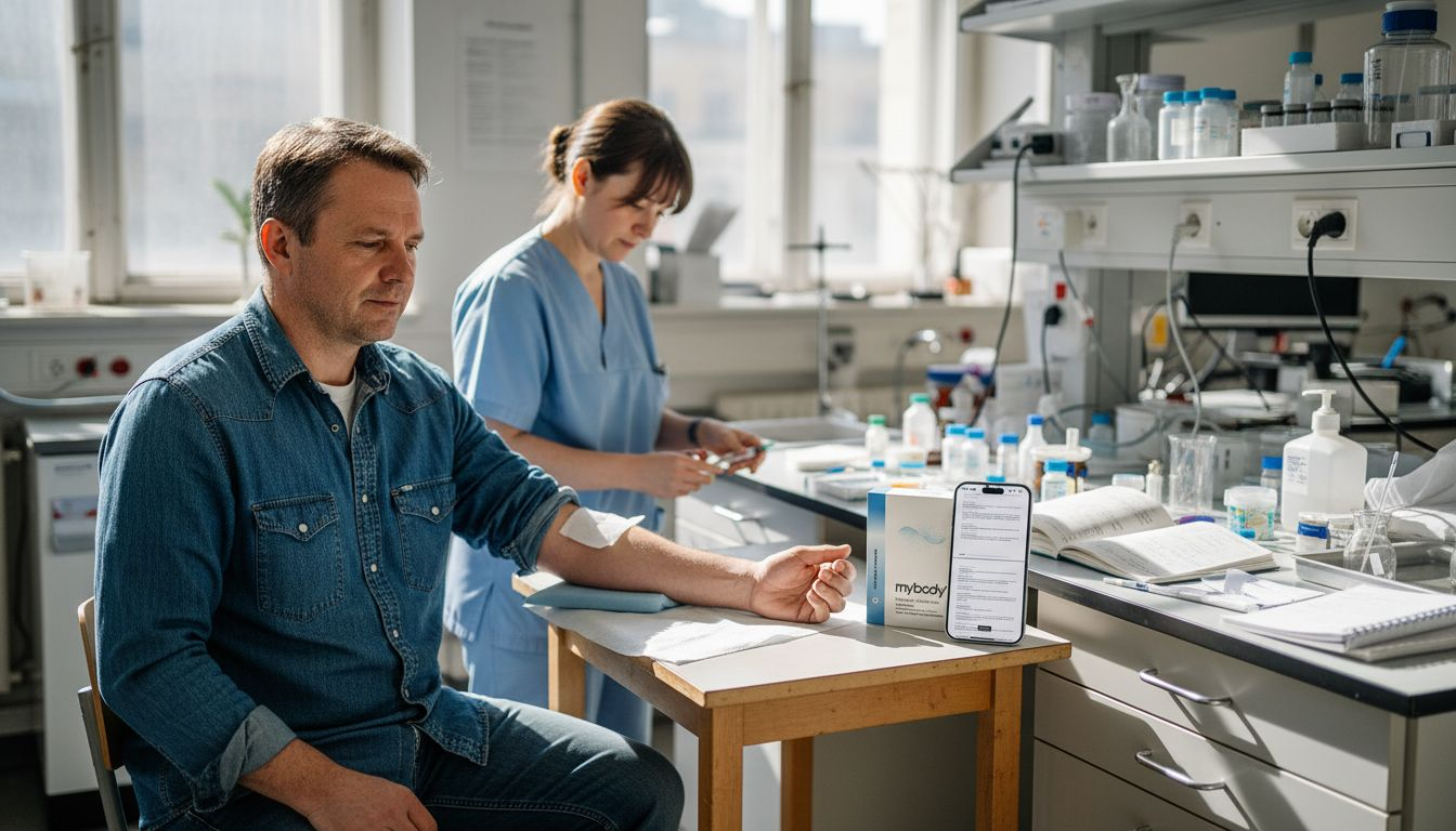 Eine Krankenschwester nimmt einem Patienten im Labor Blut ab.