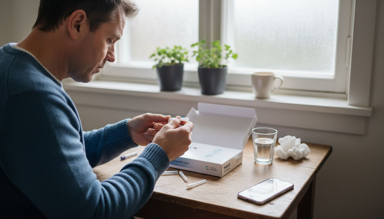 Ein Mann macht selbstständig einen Bluttest am Tisch.