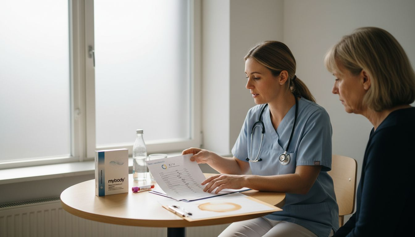 Der Arzt bespricht gemeinsam mit dem Patienten die Ergebnisse der Blutuntersuchung anhand einer Checkliste.