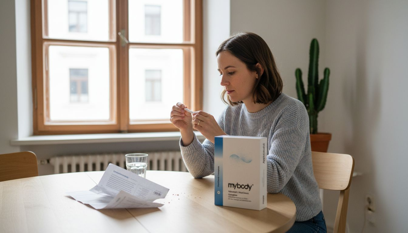 Eine Frau macht einen Selbsttest am Küchentisch.