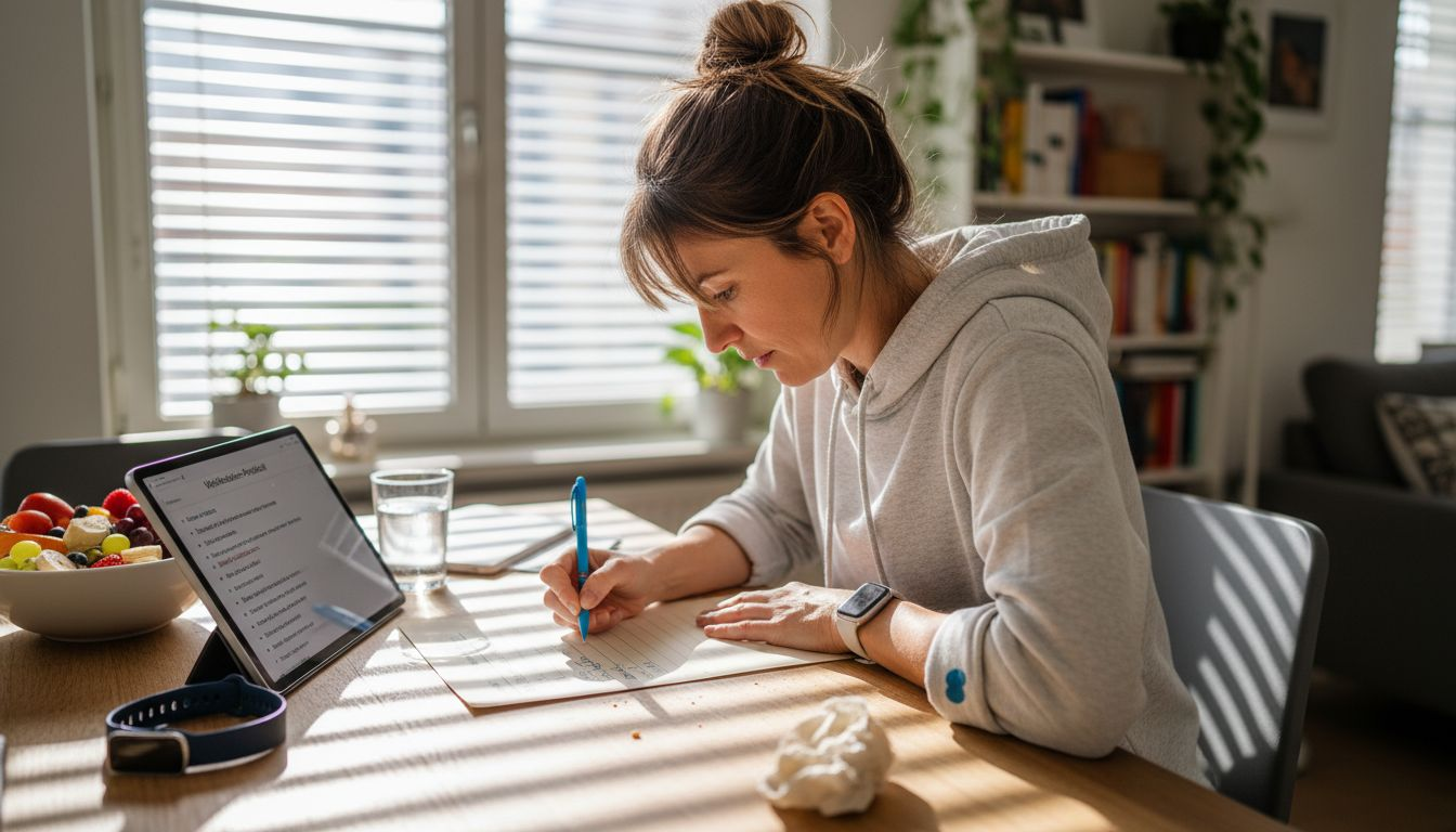Eine Frau sitzt am Küchentisch und stellt sich eine persönliche Checkliste für einen gesunden Lebensstil zusammen.