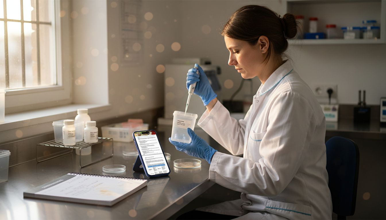 Ein Labormitarbeiter untersucht eine Stuhlprobe unter dem Mikroskop.