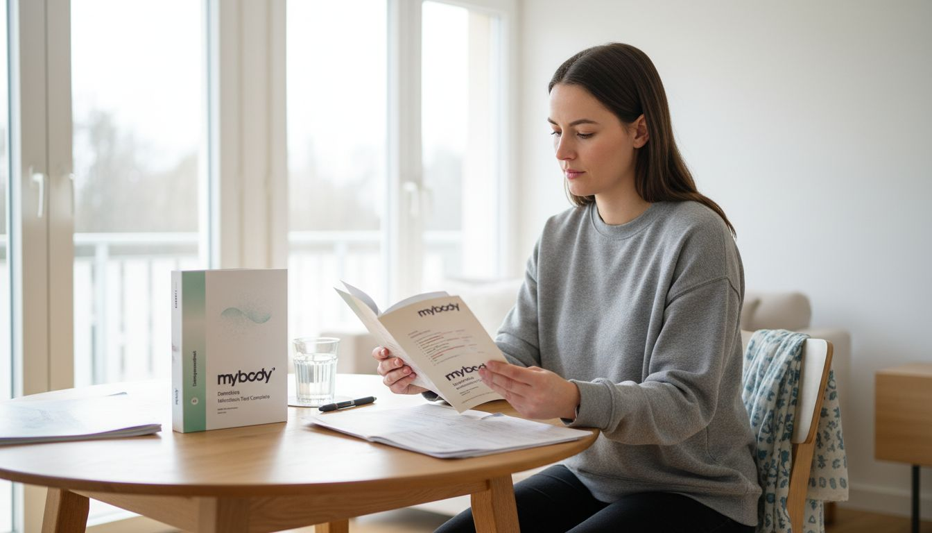 Eine Frau macht einen Mikrobiom-Test bequem zu Hause am Küchentisch.