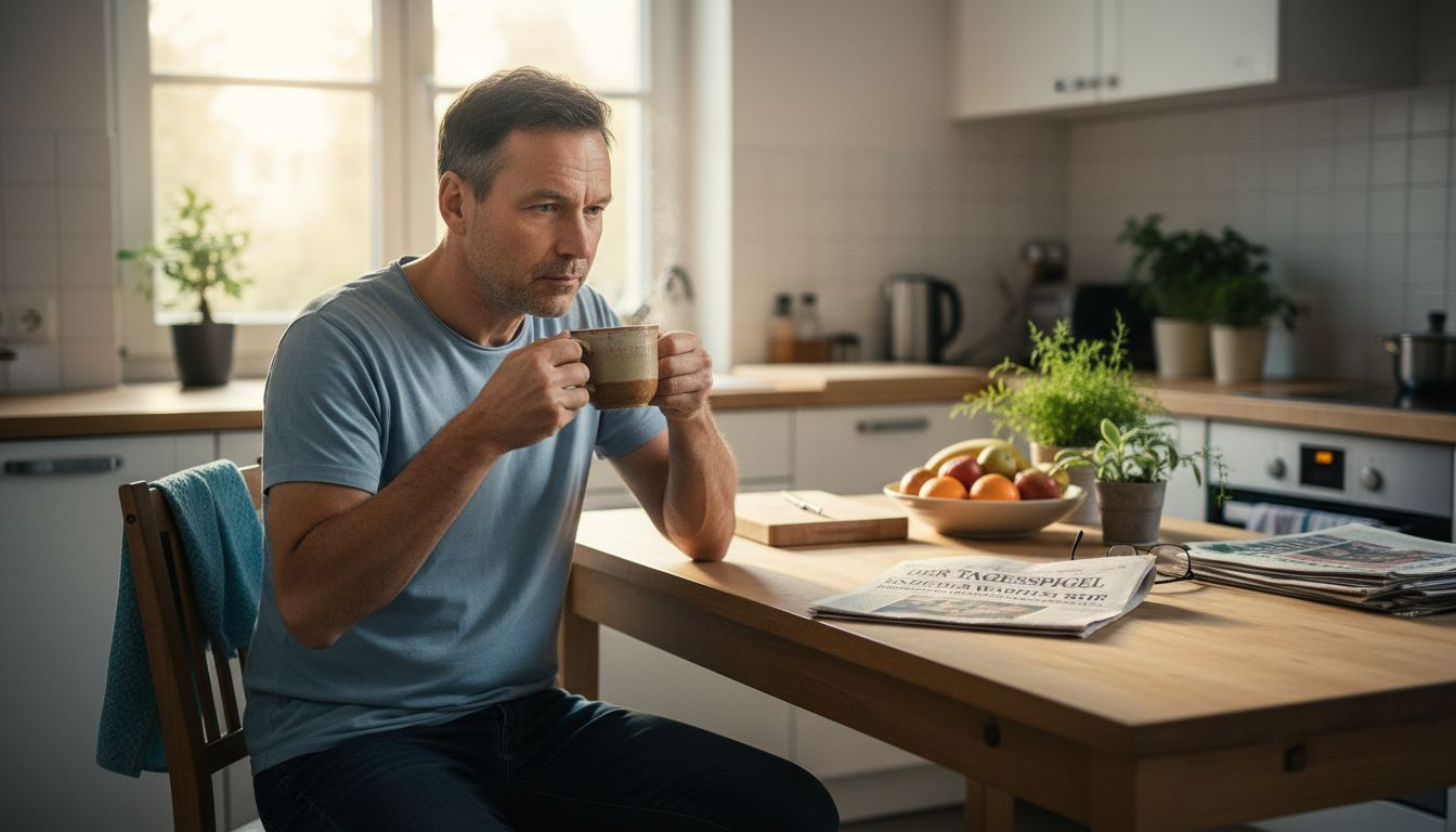 Ein Mann genießt eine Tasse Tee in seiner lichtdurchfluteten Küche.