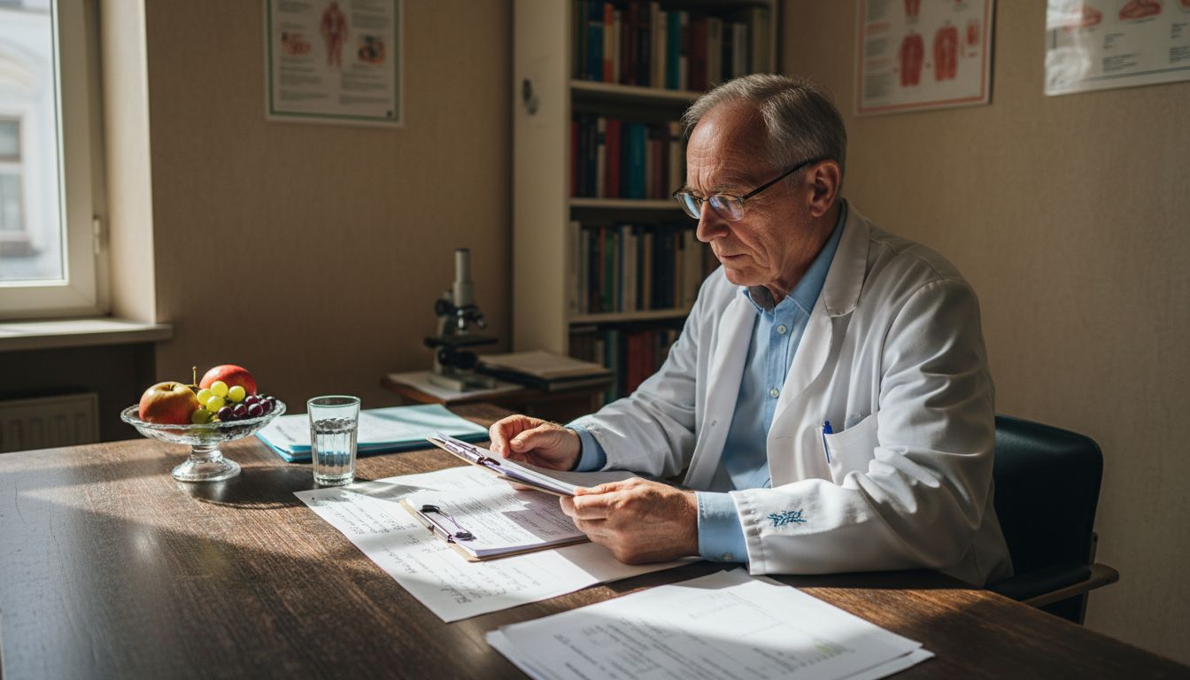 Der Arzt begutachtet am Schreibtisch die aktuellen Hormonwerte aus dem Labor.