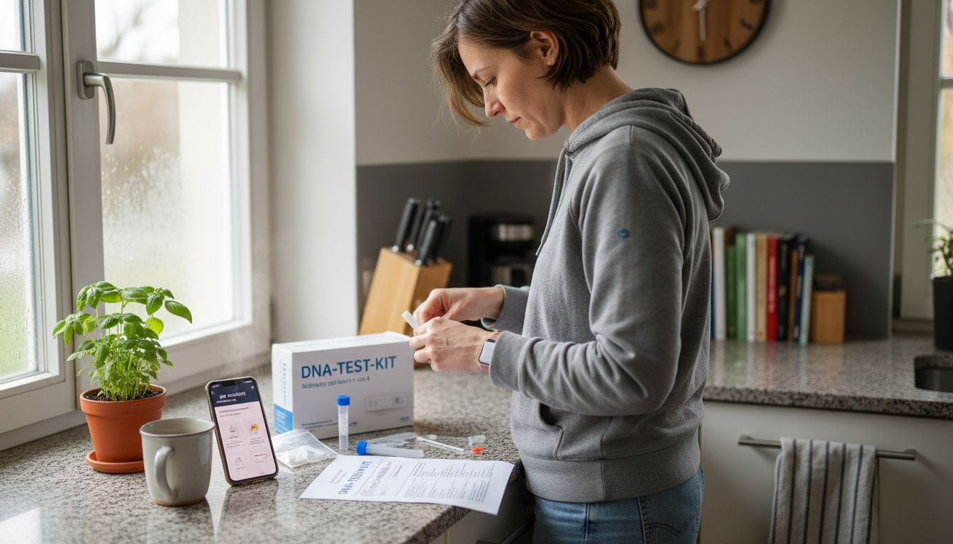 Eine Frau bereitet zu Hause ein DNA-Testset vor.