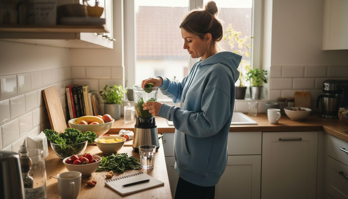 Eine Frau bereitet sich morgens in der Küche einen gesunden Smoothie zu.