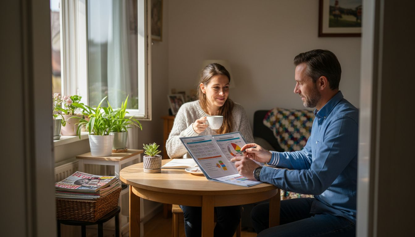 Ein Gesundheitscoach berät einen Klienten in entspannter Atmosphäre am Wohnzimmertisch.
