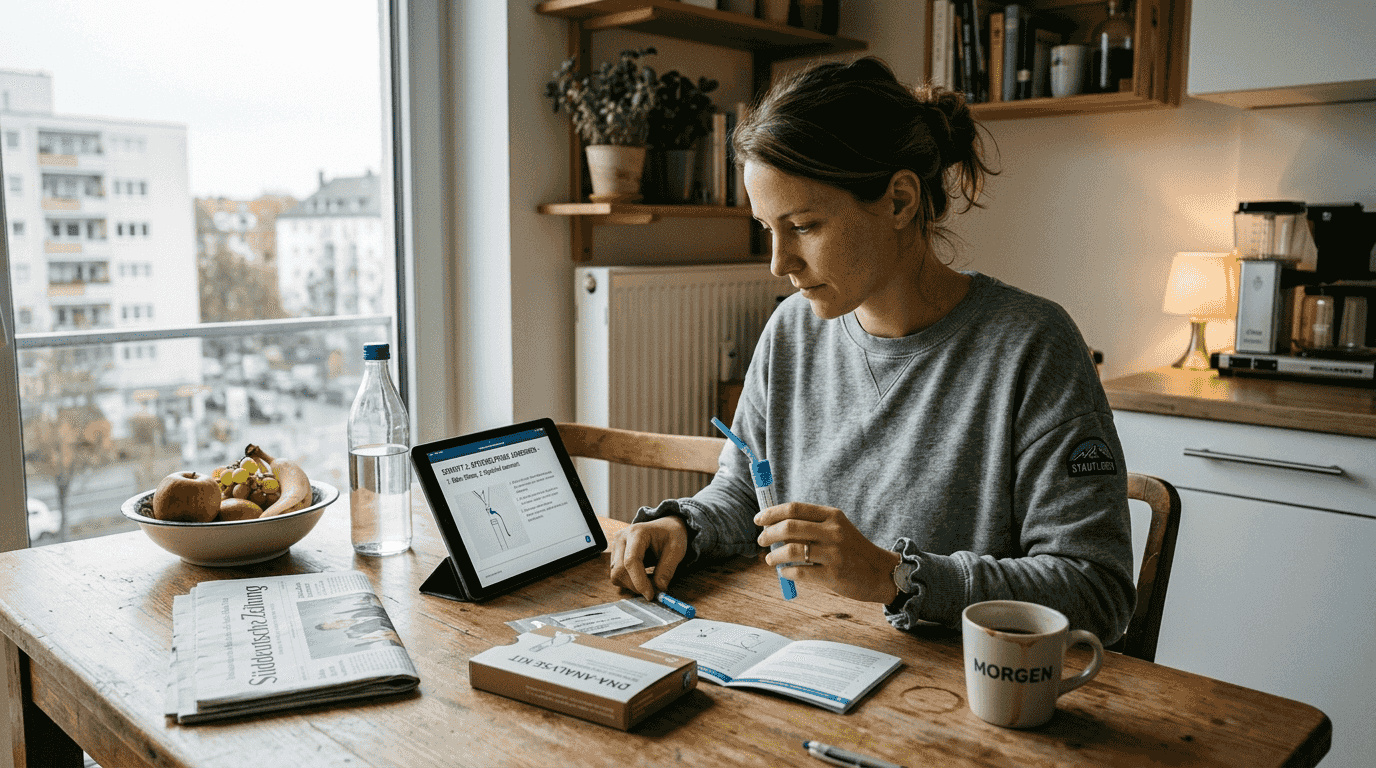 Eine Frau führt zu Hause einen Gesundheitsselbsttest durch.