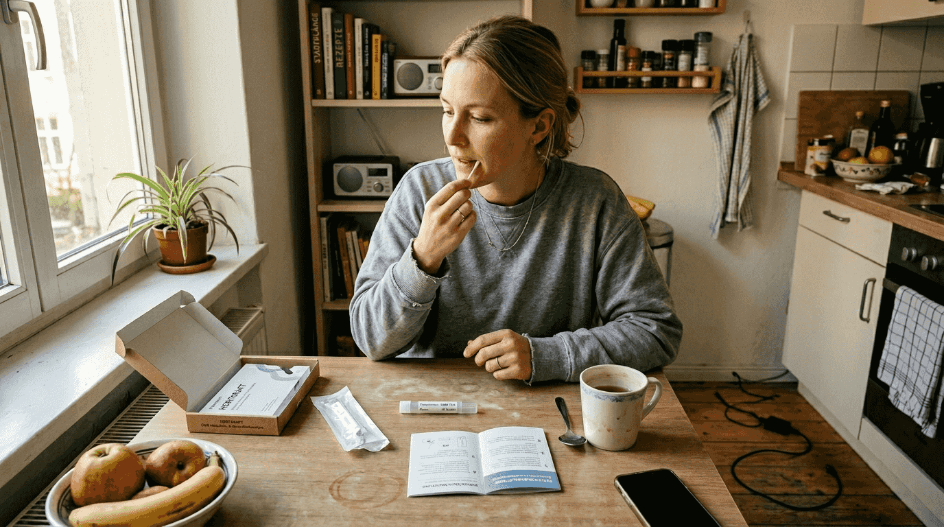 Eine Frau macht einen DNA-Test bequem zu Hause am Küchentisch.