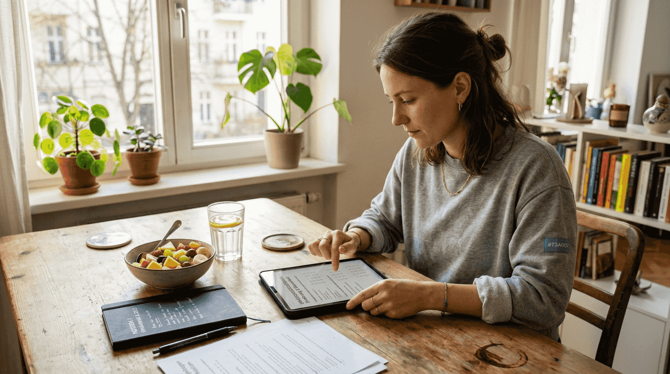 Eine Frau sitzt am Küchentisch und füllt einen Ernährungsfragebogen aus.