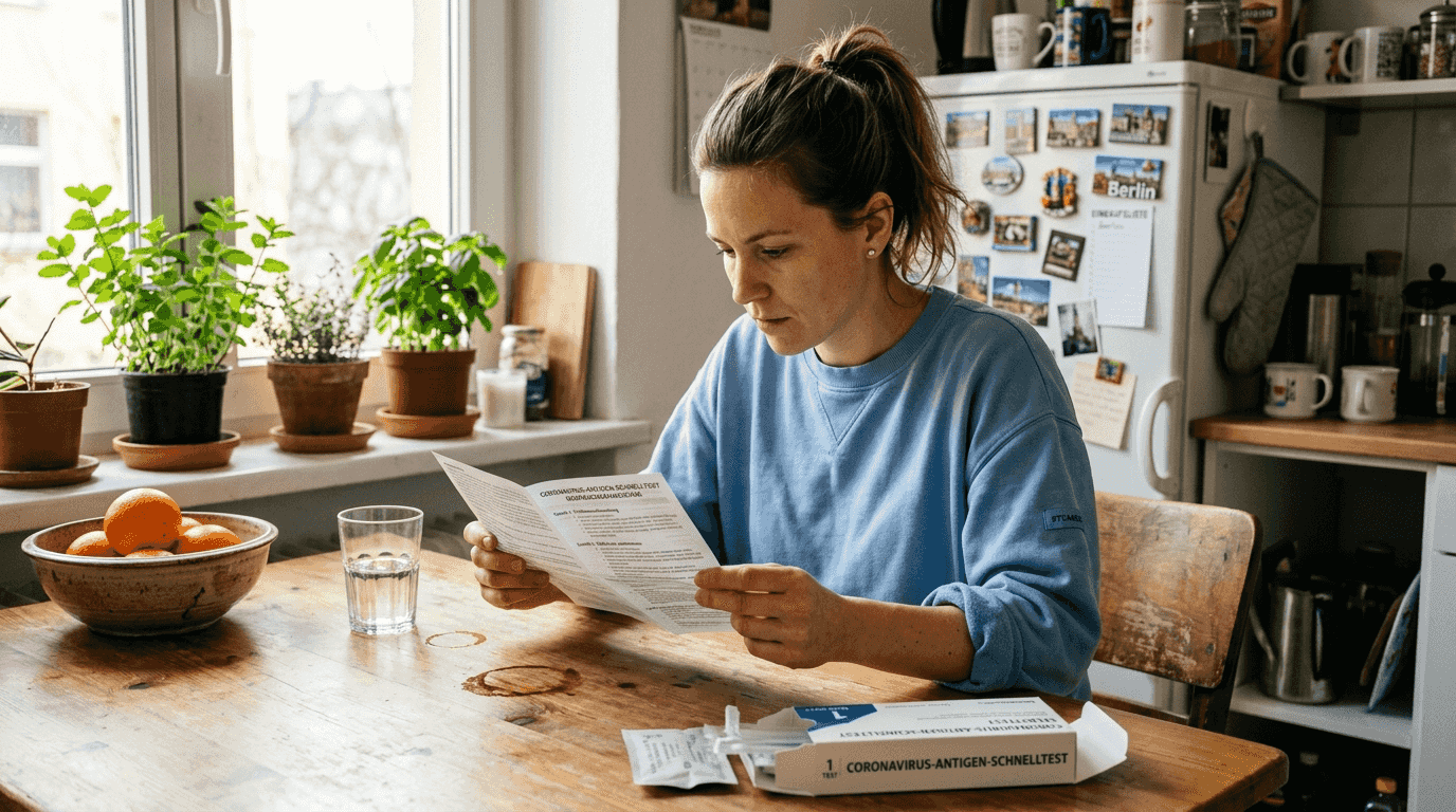 In der Küche studiert eine Frau aufmerksam die Anleitung für einen Selbsttest.