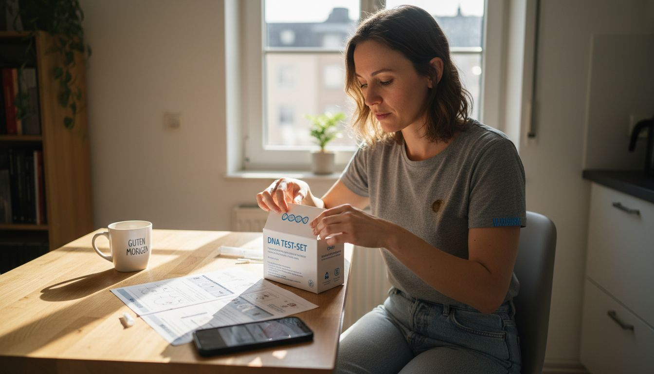 Am Küchentisch bereitet jemand ein DNA-Testset vor.