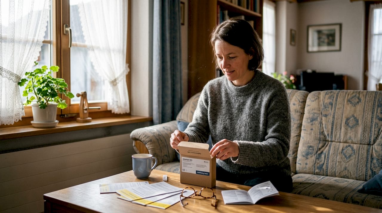 Eine Frau öffnet im Wohnzimmer ein Testset für zu Hause.