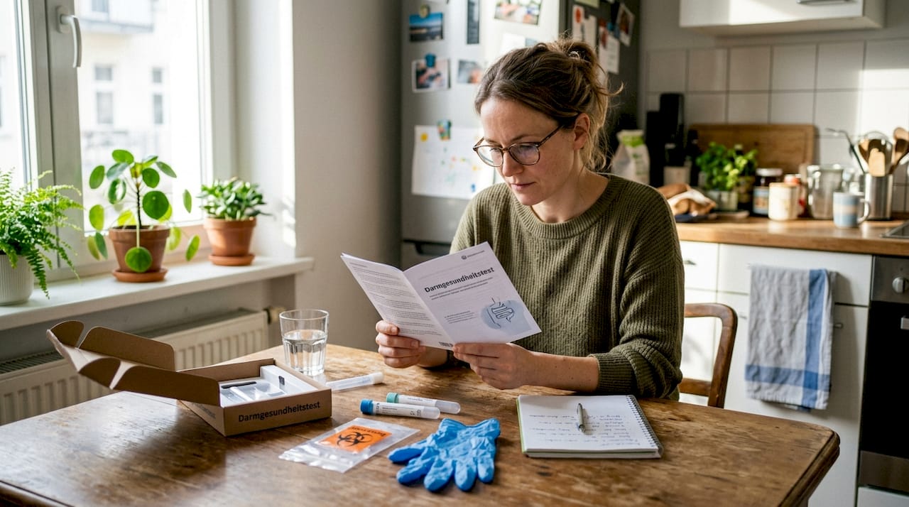 Eine Frau sitzt am Küchentisch und liest aufmerksam die Ergebnisse ihres Gesundheitstests.