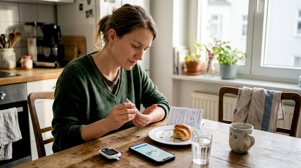 Am Küchentisch führt eine Frau einen Selbsttest durch.