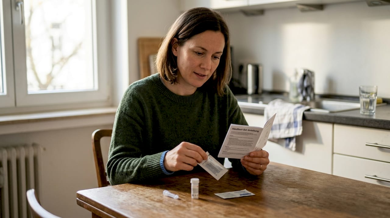 Eine Frau richtet am Küchentisch ein Set für einen Bluttest her.