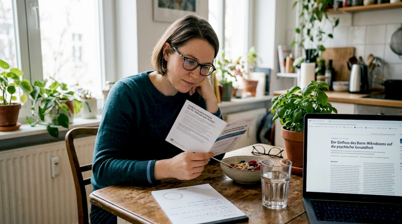 Eine Frau wertet ihren Mikrobiom-Test gemütlich am Küchentisch aus.