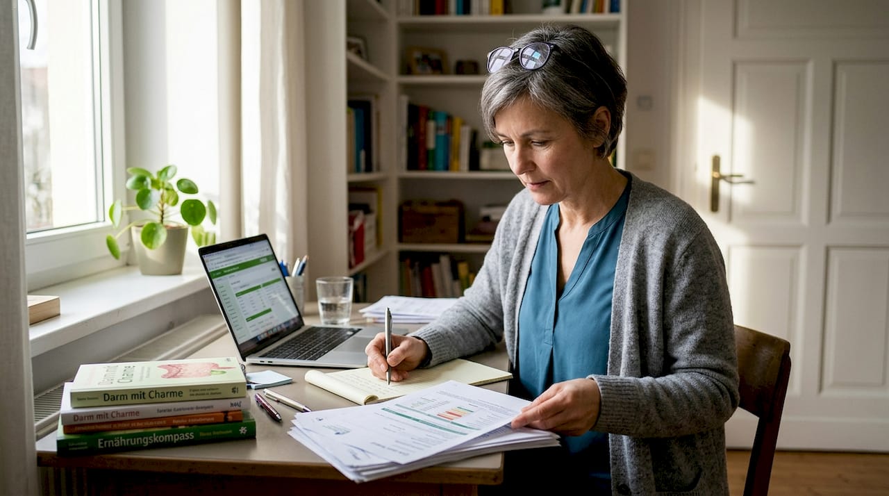 Eine Frau sortiert Berichte über Darmgesundheit und verschafft sich einen Überblick über die Ergebnisse.