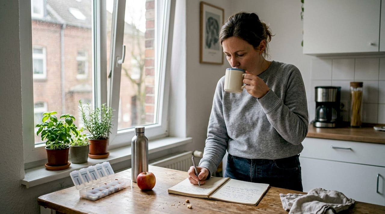Am Küchentisch sitzt eine Frau und hält ihre Symptome fest, während neben ihr verschiedene Vitamine liegen.
