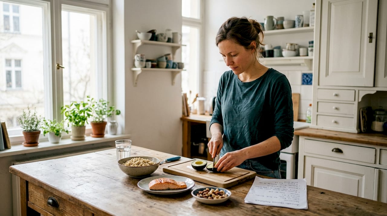Eine Frau stellt eine ausgewogene, nährstoffreiche Mahlzeit zusammen.