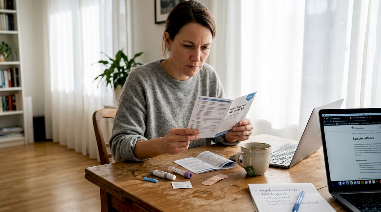 Eine Frau führt am Küchentisch einen Bluttest durch.
