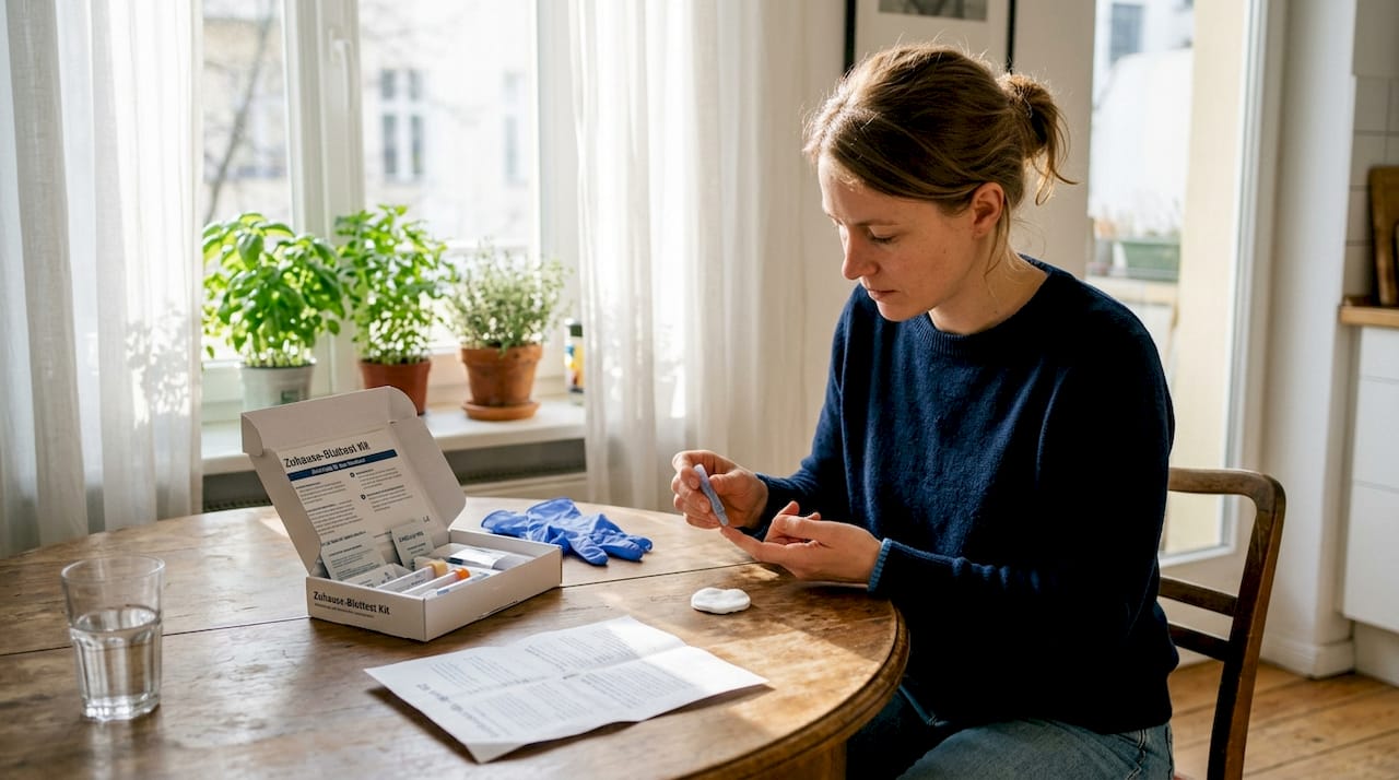 Eine Frau führt am Küchentisch einen Bluttest für zuhause durch.