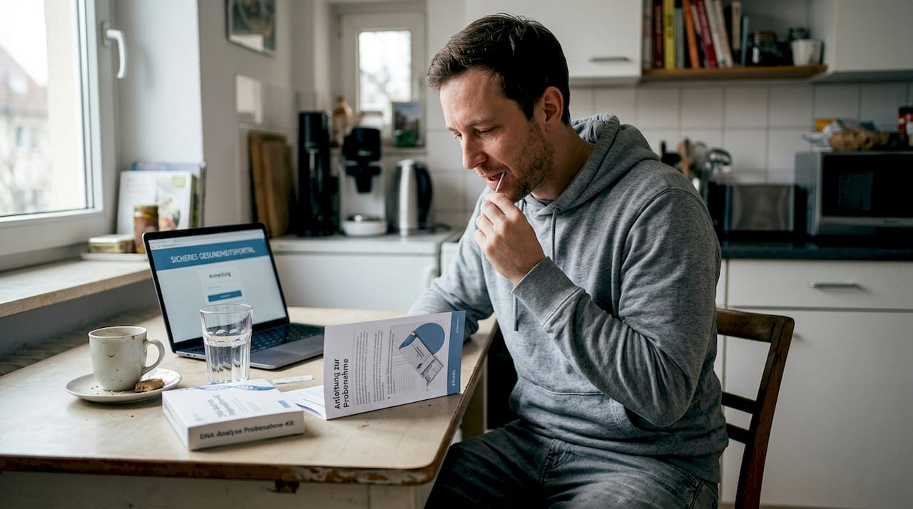Ein Mann sitzt zu Hause am Esstisch und analysiert seinen Lebensstil.