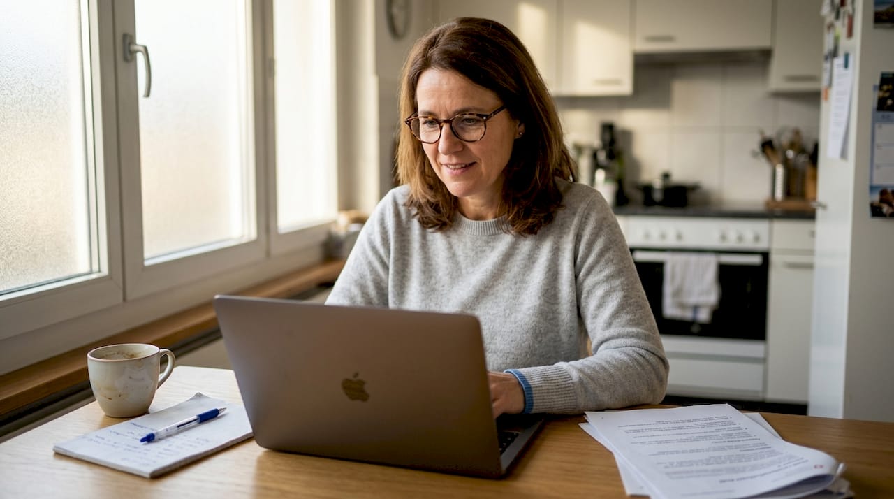 Eine Frau sitzt am Küchentisch und nutzt ein Gesundheitsportal auf ihrem Laptop.
