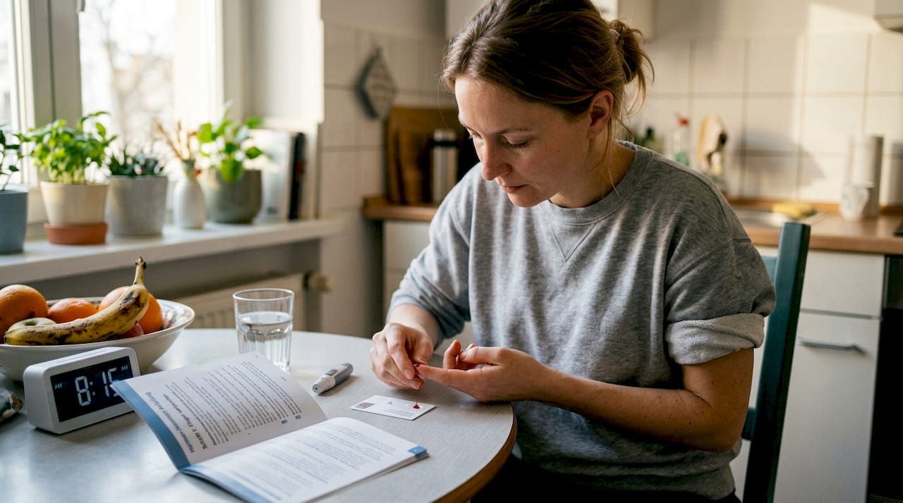 Eine Frau führt einen Hormontest bequem in ihrer Küche durch.