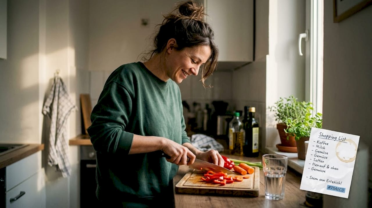 In ihrer Stadtwohnung bereitet eine Frau frisches Gemüse in der Küche zu.