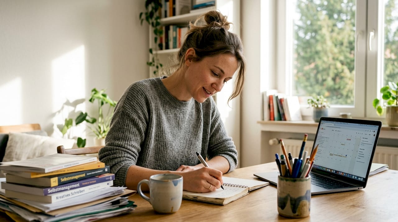 Eine Frau entwickelt im Homeoffice Strategien, um ihre Selbstdisziplin zu stärken.