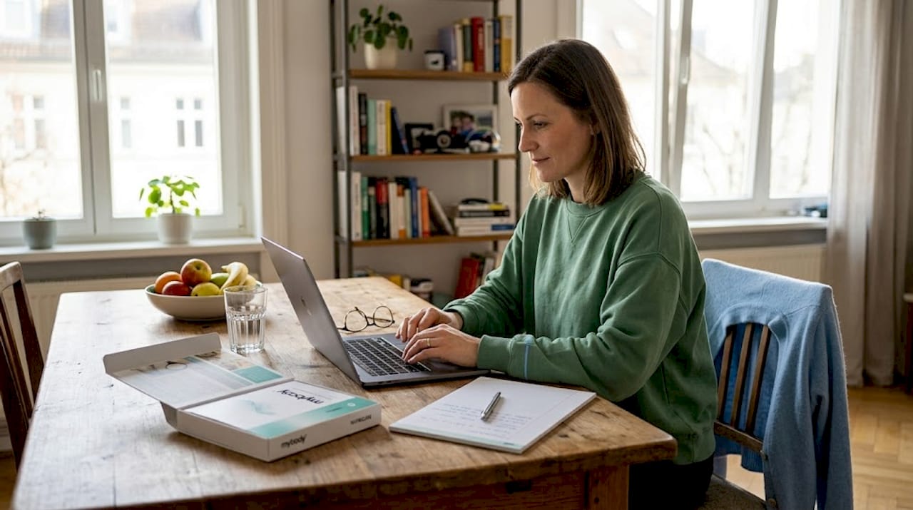 Eine Frau führt im Esszimmer einen Test mit einem Analyse-Kit durch.