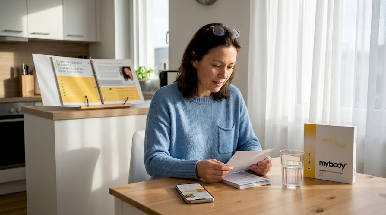 Eine Frau studiert aufmerksam die Anleitung für ihren DNA-Test.