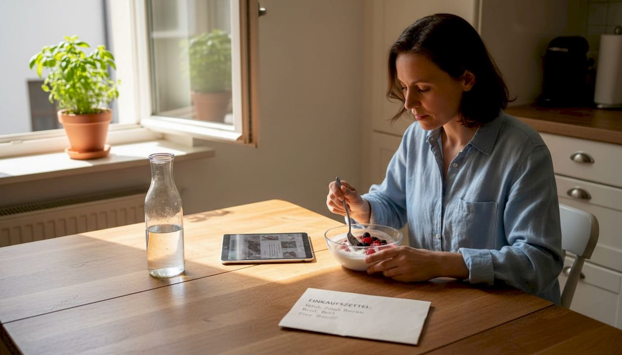 Eine Frau genießt ihr Frühstück an einem hellen Esstisch, umgeben von alltäglichen Dingen.