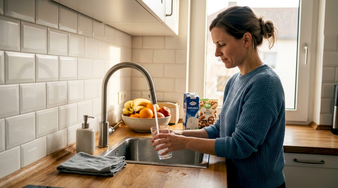 In der sonnendurchfluteten Küche schenkt eine Frau sich ein Glas Wasser ein.